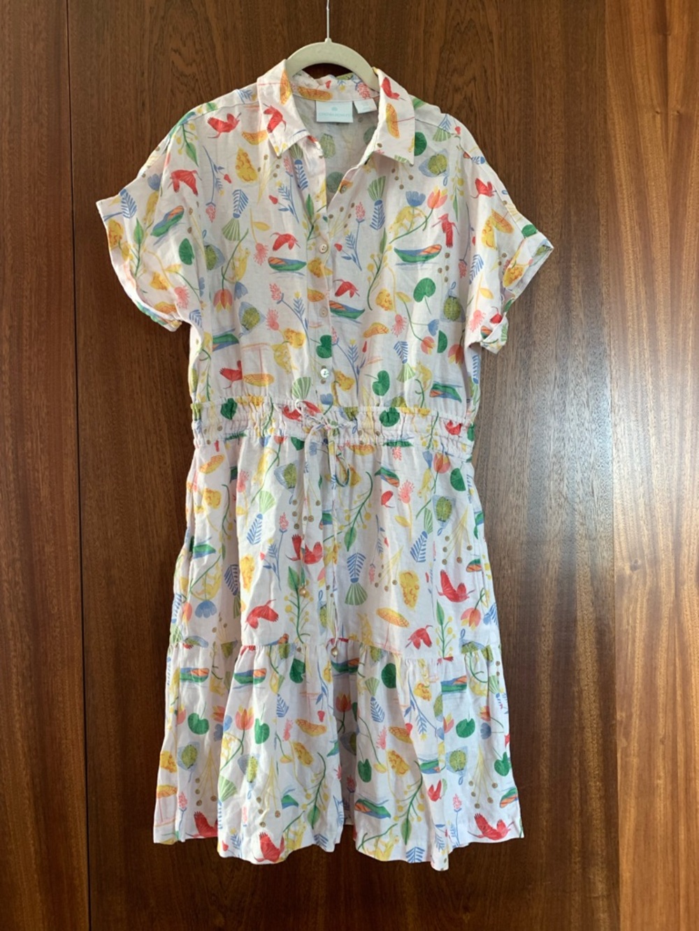 Lightweight White Floral Button-Front Shirt Dress With Flying Flamingos